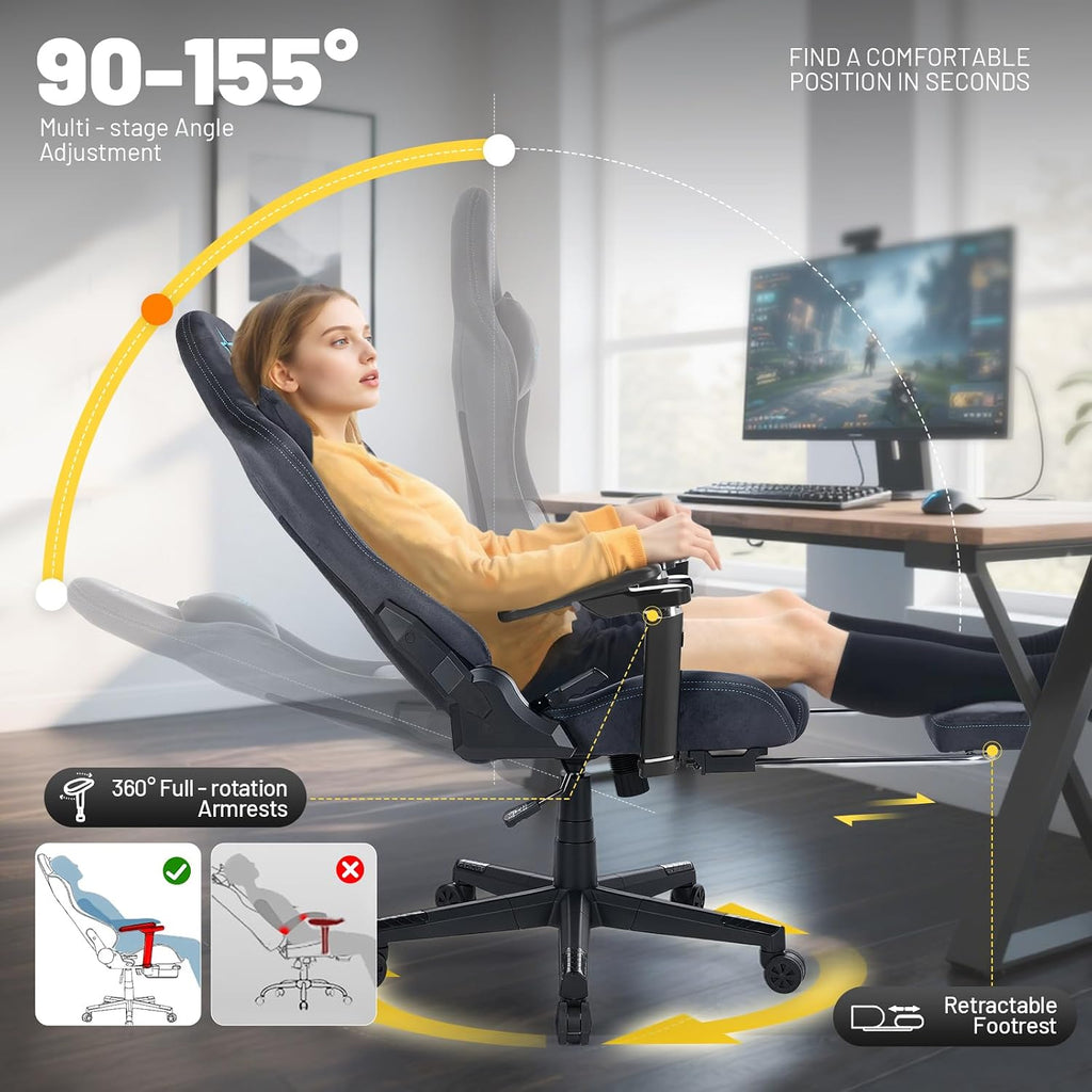 Gaming Chair with footrest,6D armrests for Gamer Chair,360° Perfectly Support Your Elbows and Wrists,Breathable Suede Fabric and 155° Recline with lumb Support(Dark Gray-Blue) (Grey-Blue)