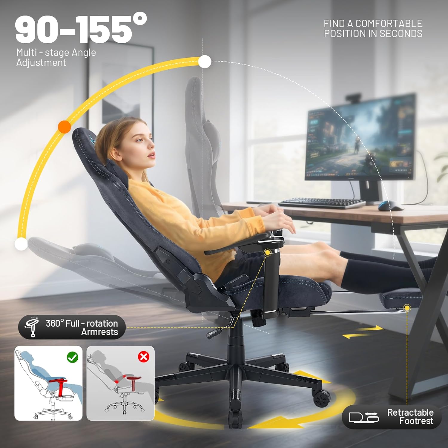 Gaming Chair with footrest,6D armrests for Gamer Chair,360° Perfectly Support Your Elbows and Wrists,Breathable Suede Fabric and 155° Recline with lumb Support(Dark Gray-Blue) (Grey-Blue)