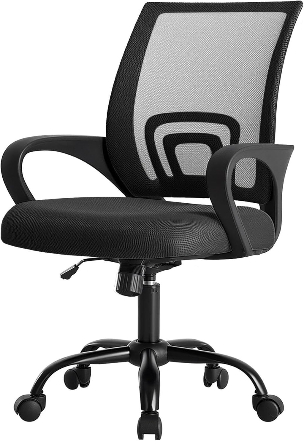 DUMOS Home Office Chair - Ergonomic Mid Back Mesh Desk Chair with Lumbar Support & Rocking Mode, Height Adjustable with Fixed Armrest, for Computer, Gaming, Meeting, 360° Swivel, Black