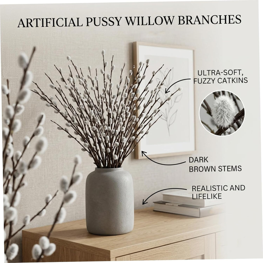 3 Bundles Faux Pussy Willow Branches 80cm Tall Vase Filler with White Fluffy Buds Realistic Pussywillow Branches for Vase Decor Home Office Wedding Decoration