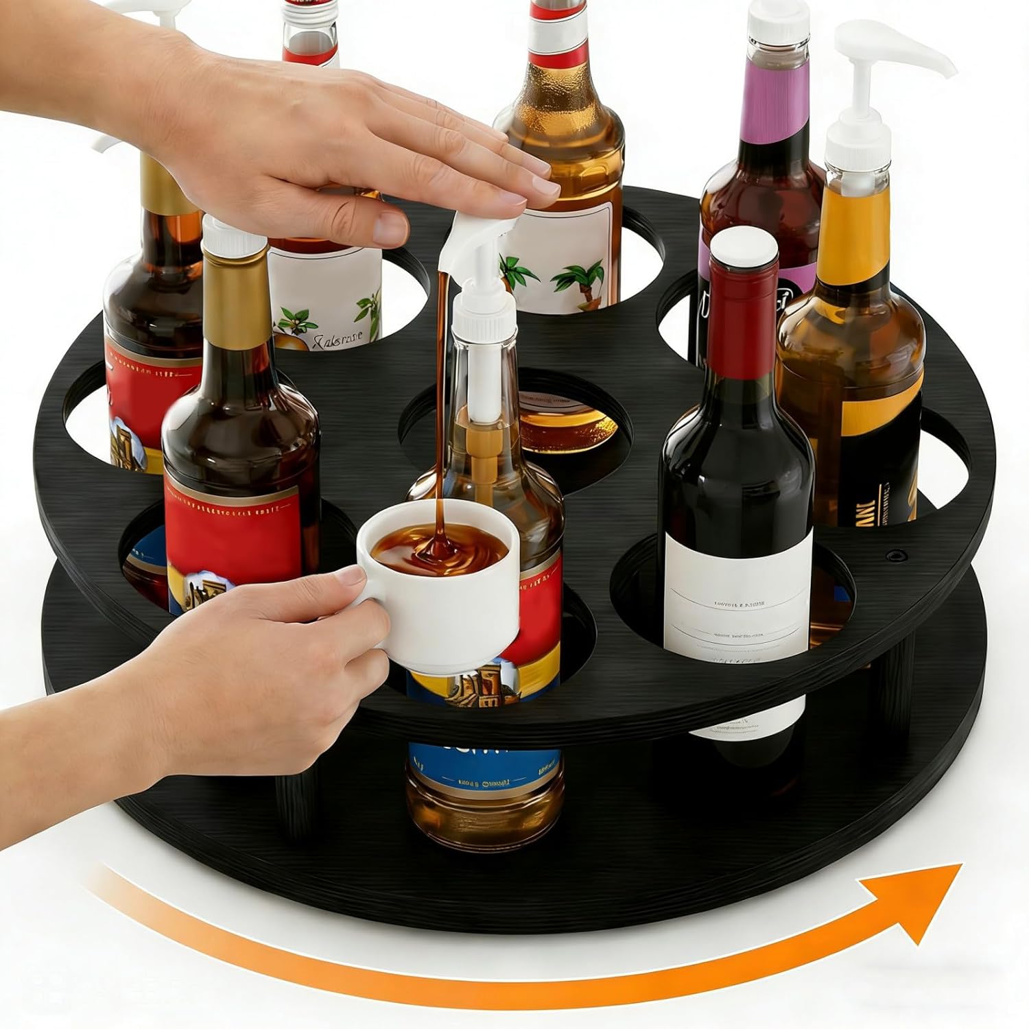 Rotating Coffee Syrup Organizer, 9 Bottles Coffee Syrup Rack, Wood Coffee Syrup Bottle Holder Stand for Coffee Bar Station Kitchen, Large Wine Rack, Coffee Syrup Holder Black