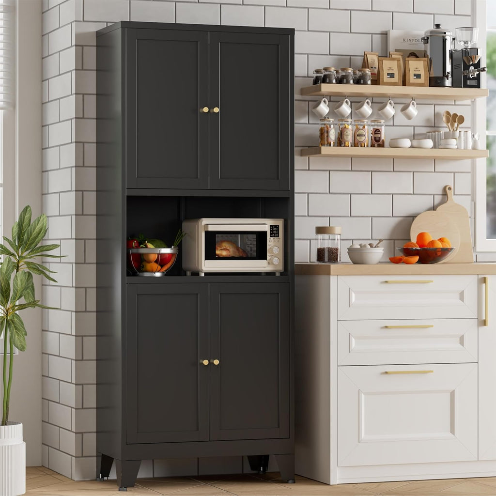Bevivog Tall Pantry Cabinet with Microwave Shelf, 69" Metal Storage Cabinet with 4 Doors and Adjustable Shelves,Freestanding Metal Kitchen Hutch Cabinet, Black Pantry Closet Storage Shelves with Doors