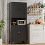 Bevivog Tall Pantry Cabinet with Microwave Shelf, 69" Metal Storage Cabinet with 4 Doors and Adjustable Shelves,Freestanding Metal Kitchen Hutch Cabinet, Black Pantry Closet Storage Shelves with Doors