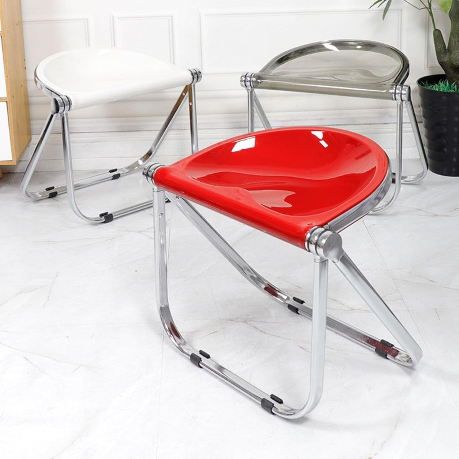Acrylic Folding Stool Transparent Ergonomic Chair Stackable Dining Metal Frame for Balcony Dining Room(Red)