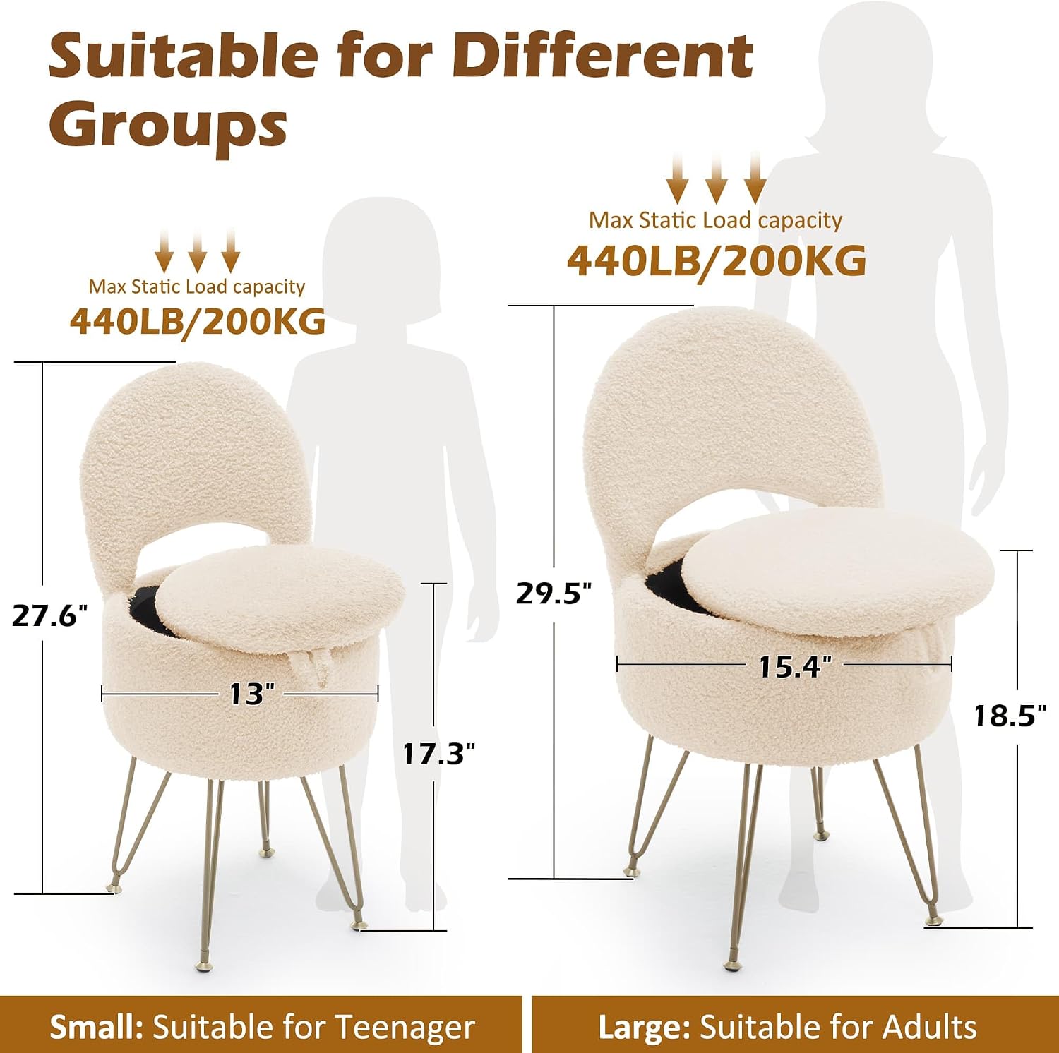 Korser Vanity Stool Chair with Storage and Folding Back, 13"x13"x27.6" Round Faux Fur Comfy Ottoman, 4 Metal Legs with Anti-Slip Feet, Makeup Chair for Living Room, Bedroom, Dressing Room