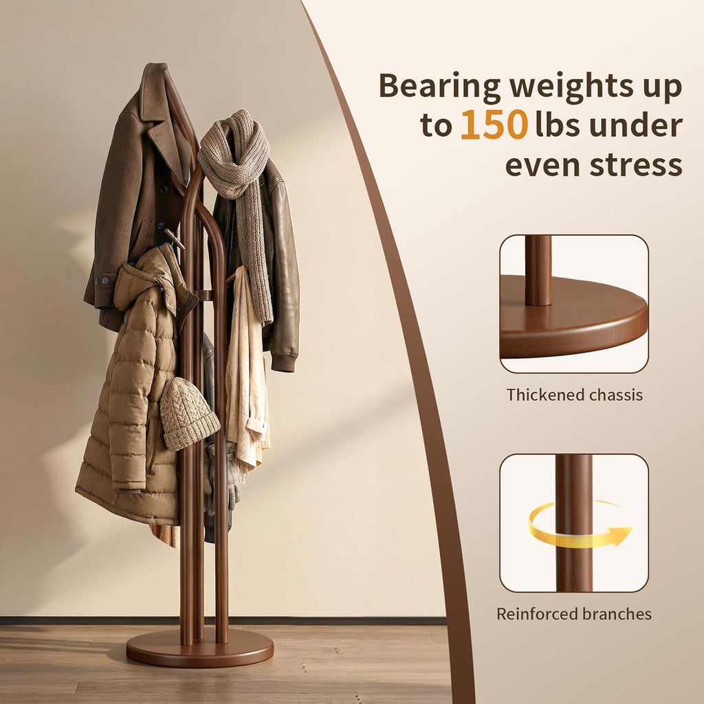 Solid Wood Coat Rack Freestanding Wood Coat Tree Rack with 9 Hooks, Creative Tree-Shaped Design, Standing Coat Rack Clothes Hanger Stand with Sturdy Base for Entryway, Bedroom - Load 300lb (Walnut)