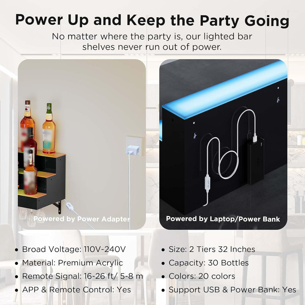 Dethan 2 Tier 32 Inch LED Lighted Liquor Bottle Display Shelf - Wall-Mounted Wine Rack with Multi-Color App & Remote Control, Adjustable Brightness & Sound Modes, Acrylic Bar Shelf for Commercial Club