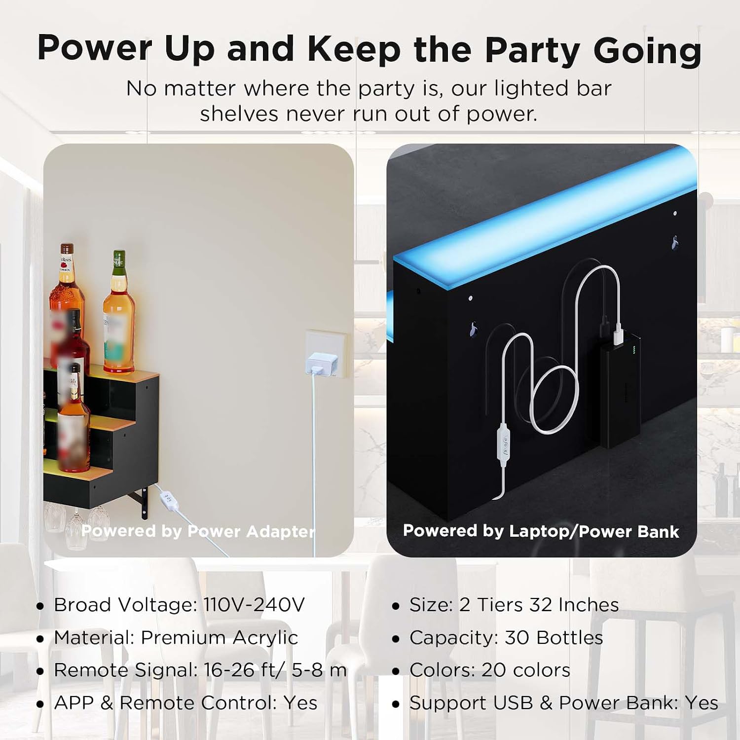 Dethan 2 Tier 32 Inch LED Lighted Liquor Bottle Display Shelf - Wall-Mounted Wine Rack with Multi-Color App & Remote Control, Adjustable Brightness & Sound Modes, Acrylic Bar Shelf for Commercial Club