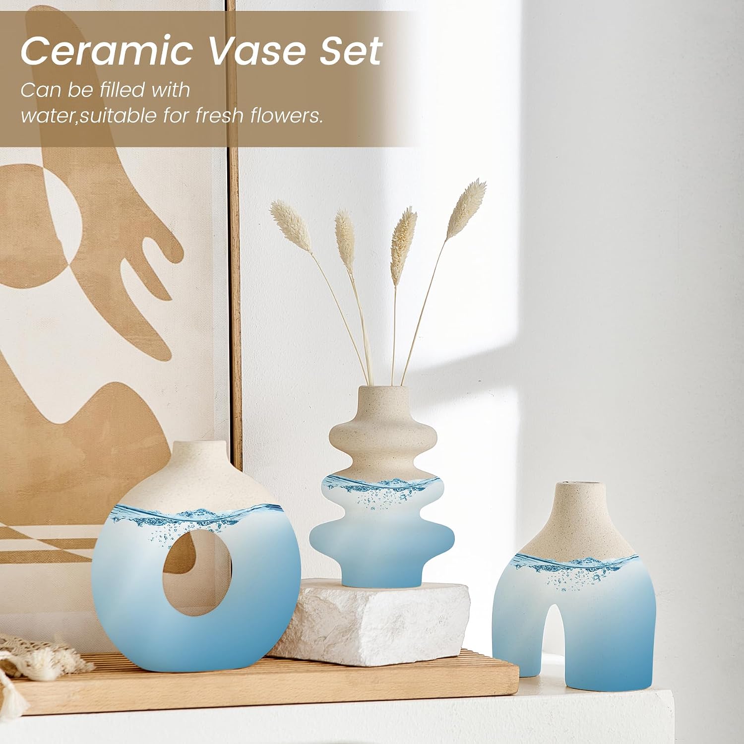 White Ceramic Vase Set of 3, Modern Boho Vases for Home Decor, Small Flower Vases for Pampas Grass, Round White Vases Centerpieces for Wedding Coffee Table Shelf Living Room Bedroom Entryway
