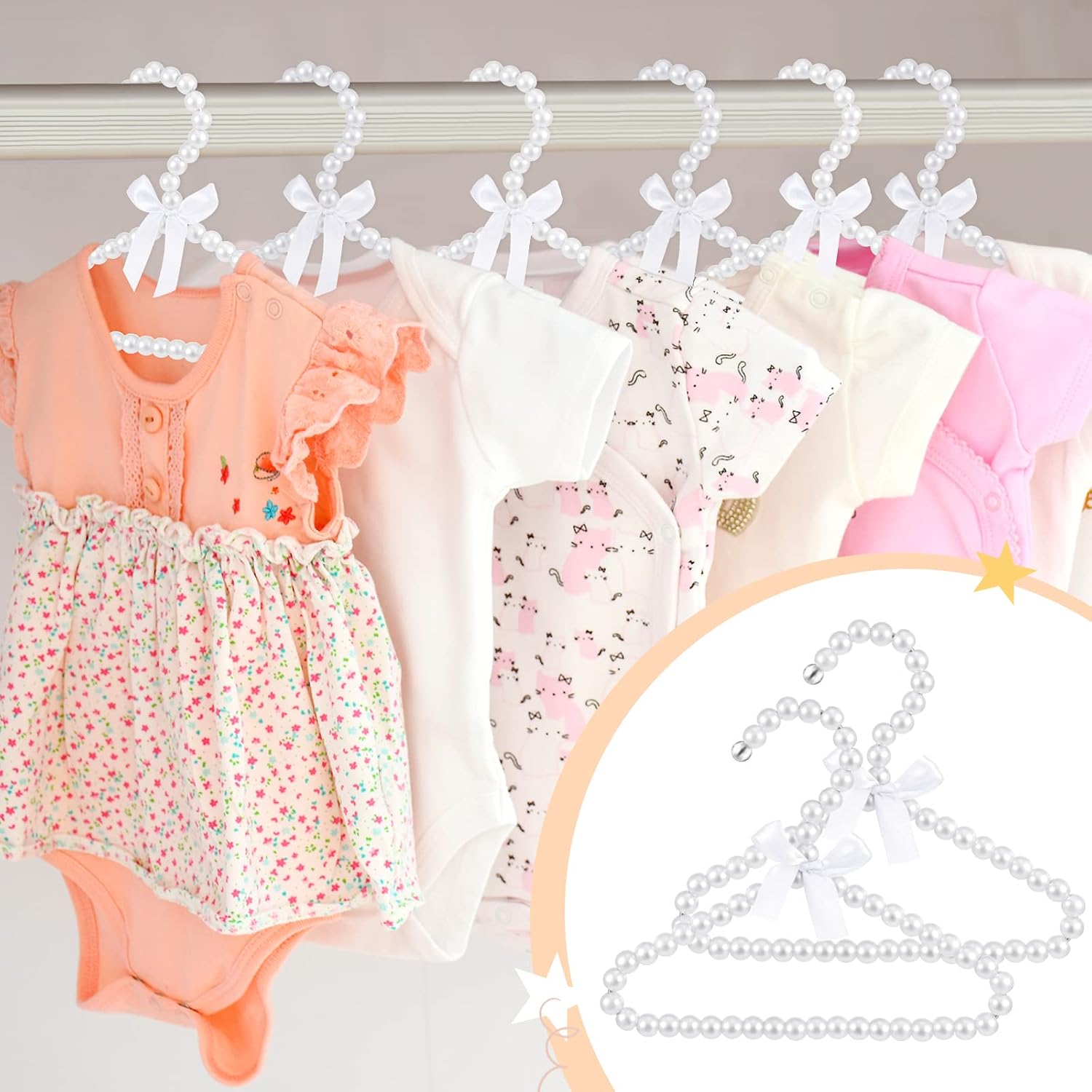 Wesiti Small Pearl Hanger Mini Pearl Metal Elegant Clothes Hangers with Ribbon for Women Dog Cat (White,10 Pcs)