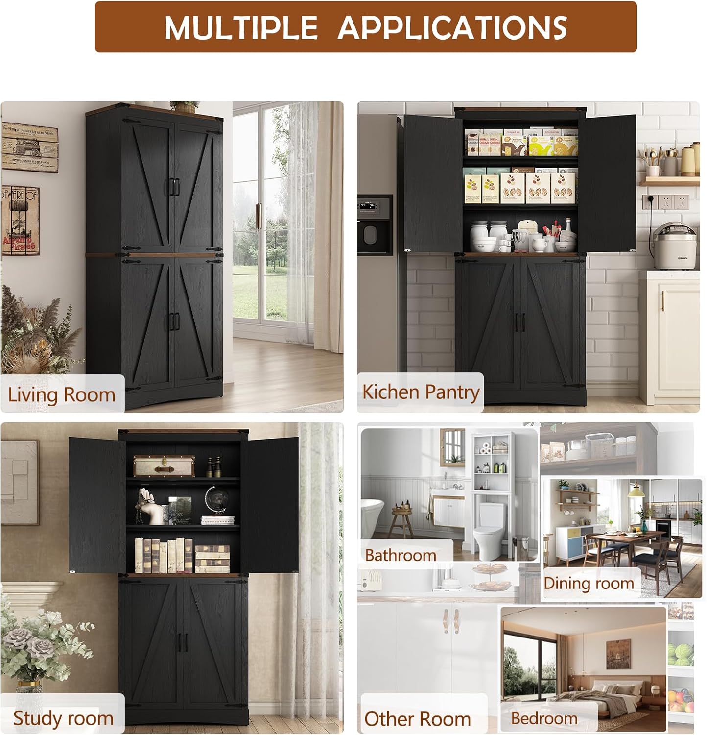 Hlivelood 71" Tall Kitchen Pantry,Farmhouse Storage Cabinet with Adjustable Shelves,Load-Bearing Steel Pipe,Farmhouse Pantry Cabinet with 4 Barn Doors,for Kitchen,Dining Room,Living Room(Black)