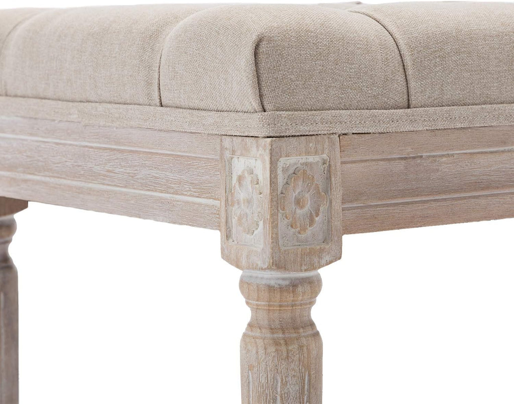 Kmax 45.3" Upholstered Dining Room Bench, Rustic Living Room Ottoman Bench with Carved Pattern & Rustic White Brushed Rubber Wood Legs, Beige