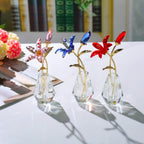 Crystal Tiger Lily Flowers with Crystal Vase Metal Stem Pink Lily Flower Collectible Gifts for Women, Glass Lilium Flower Artificial Floral Figurines for Home Wedding Party Decor