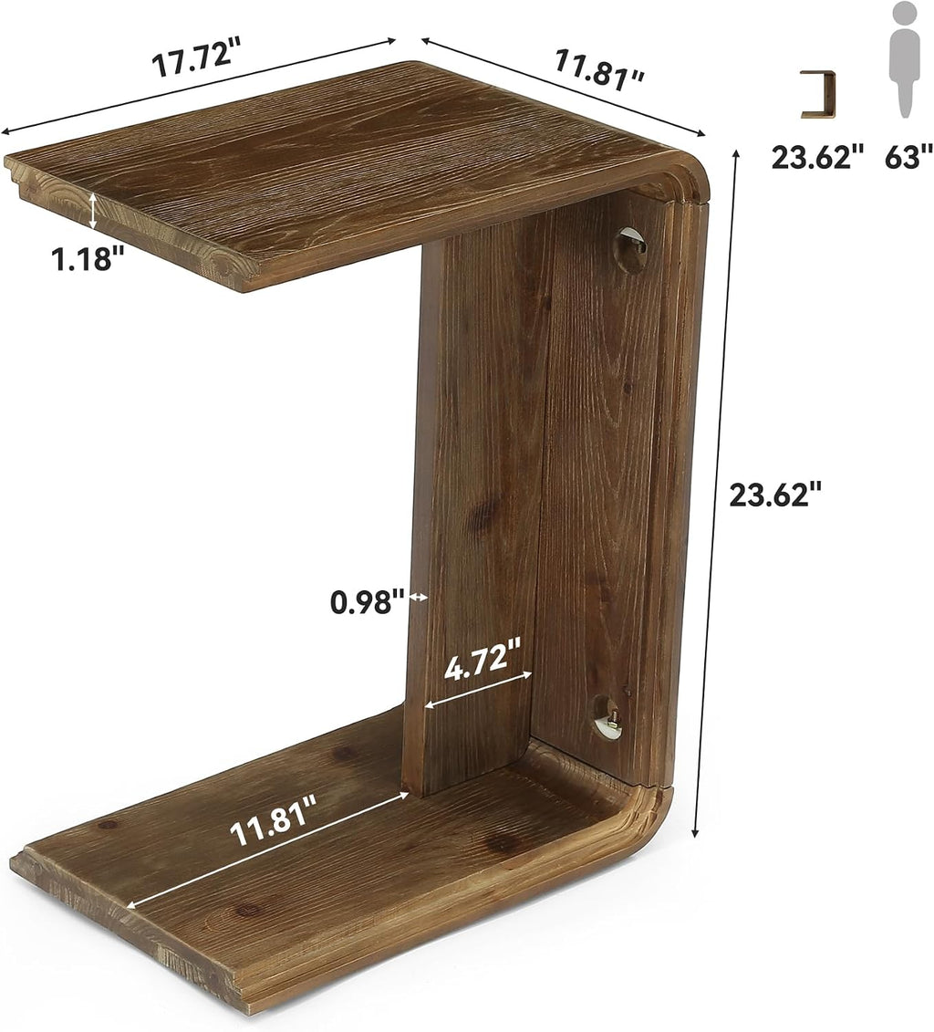 C-Shaped Solid Wood End Table, Wooden Narrow Sofa Side Table for Couch, Living Room, Bedroom, Small Space, Easy Assembly (1 Pcs, Dark Brown)