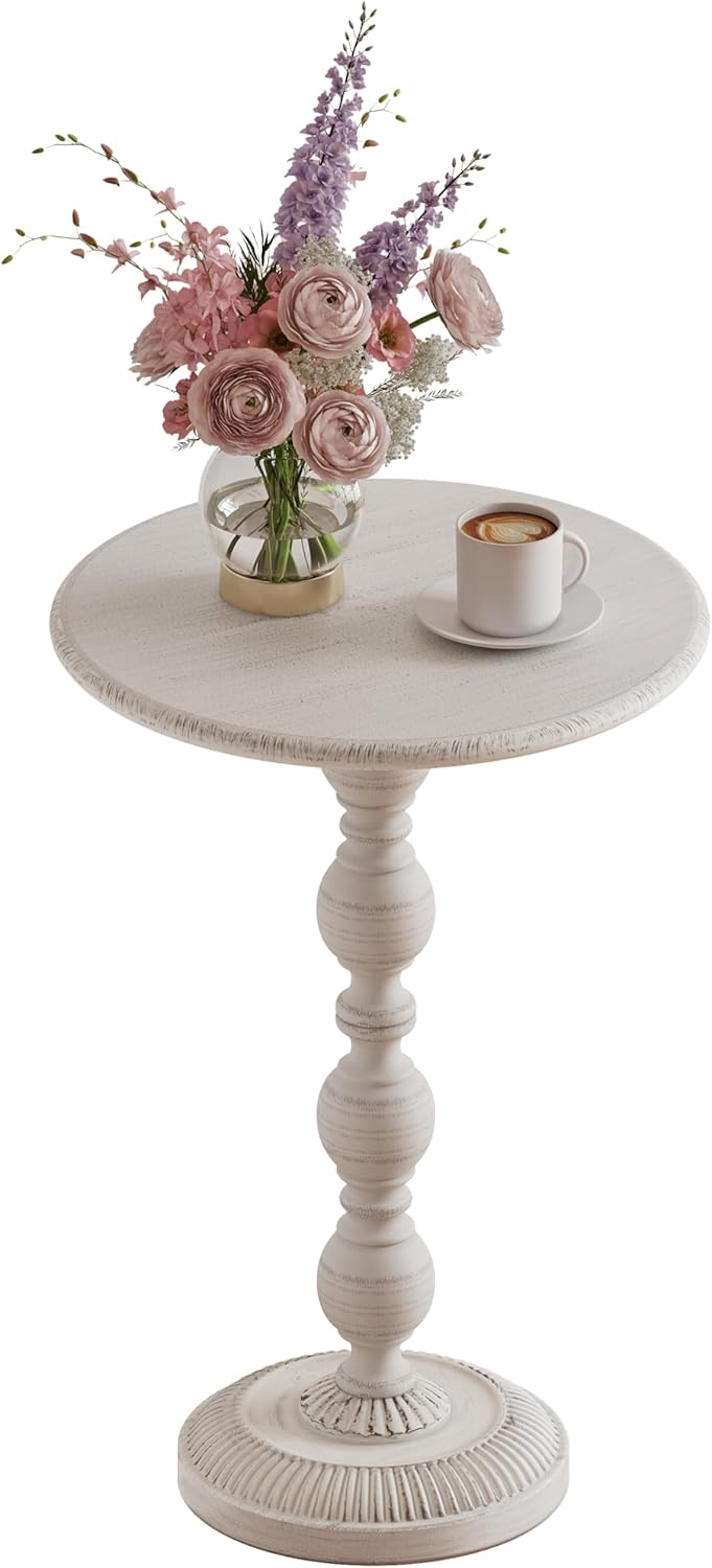 Small Round Metal Side Table, Lightweight Antique Accent Table,Retro Round Drink Table,Small Pedestal Table for Living Room, Bedroom, Corners (1, Antique White)
