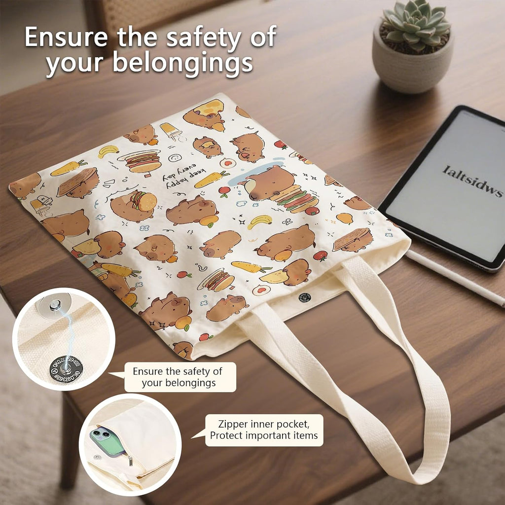 Aesthetic Canvas Tote Bag for Women - with Magnetic Snap Closure & Zipper Inner Pocket Reusable Bag for Shopping