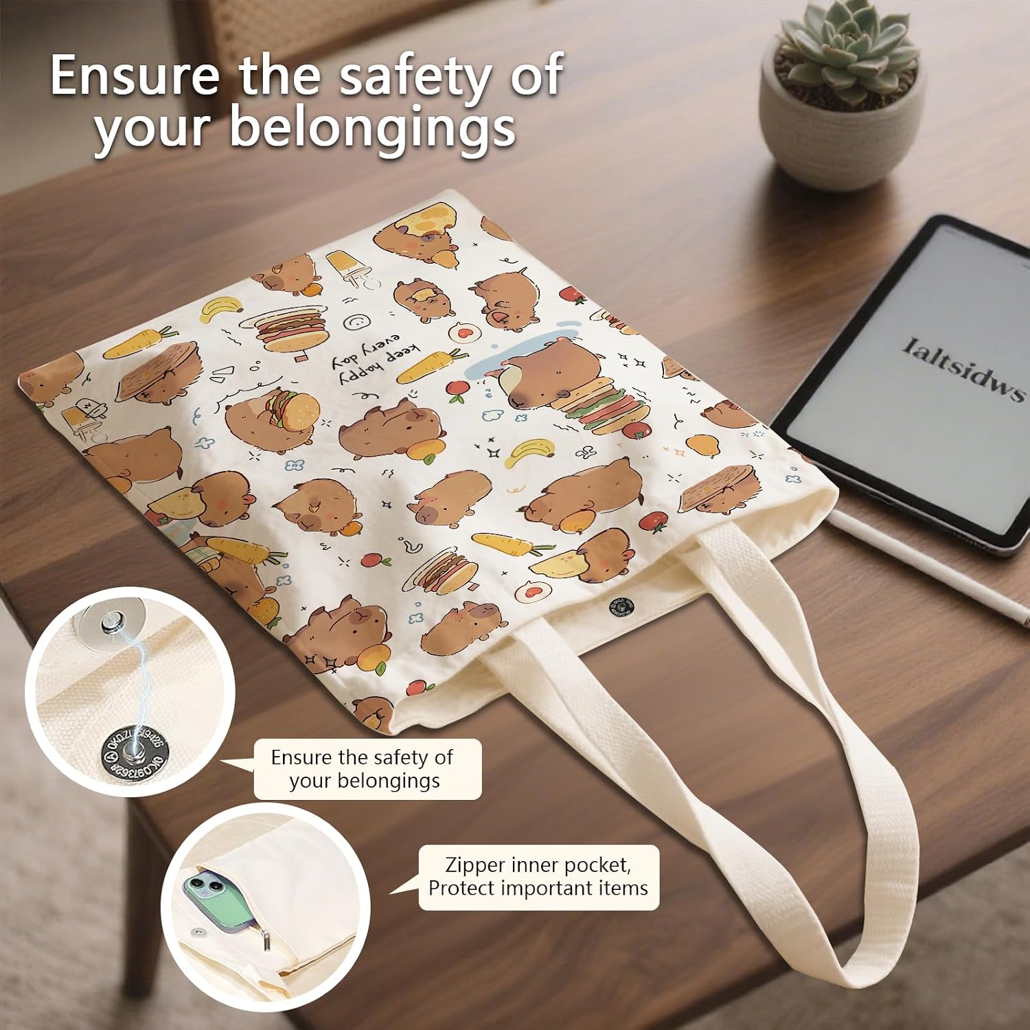 Aesthetic Canvas Tote Bag for Women - with Magnetic Snap Closure & Zipper Inner Pocket Reusable Bag for Shopping