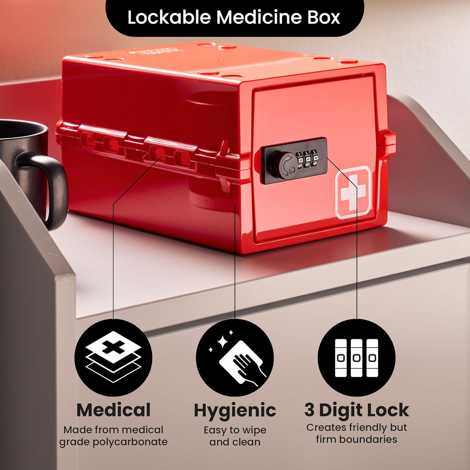 Lockabox Mini™ | Small Medicine Lock Box with Combination Lock (Half Letter Sized) | Mini Medical Lockable Box For Tablets, Creams & Medical Pens | External Size 8.8 x 6.1 x 4.7 Inches (Medi Red)