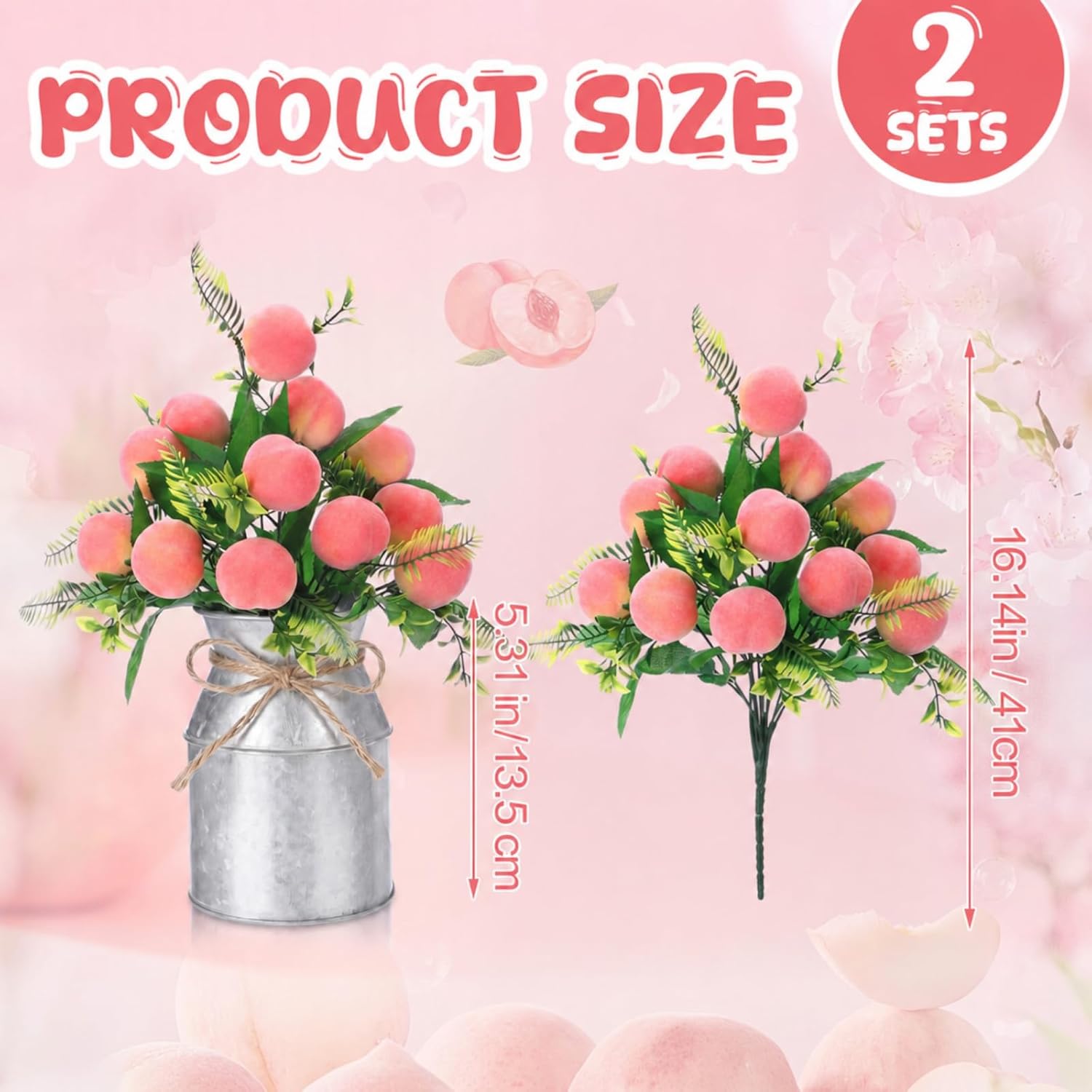 Hotop 2 Sets Artificial Peach Branches with Flower Vases 16.14'' Realistic Artificial Peach Fruits Bouquet with Green Leaves Fruit Flower Arrangement for Home Baby Shower Party Farmhouse Table Decor