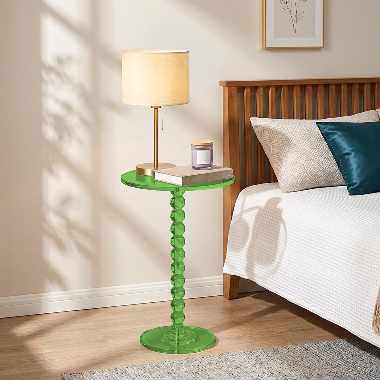 Acrylic Round Side Table, 11.8" D x 21.7" H Clear Pedestal End Table with Column Base, Space-Saving Nightstand Accent Tables for Living Room, Bedroom, Balcony, Easy Assembly, Green