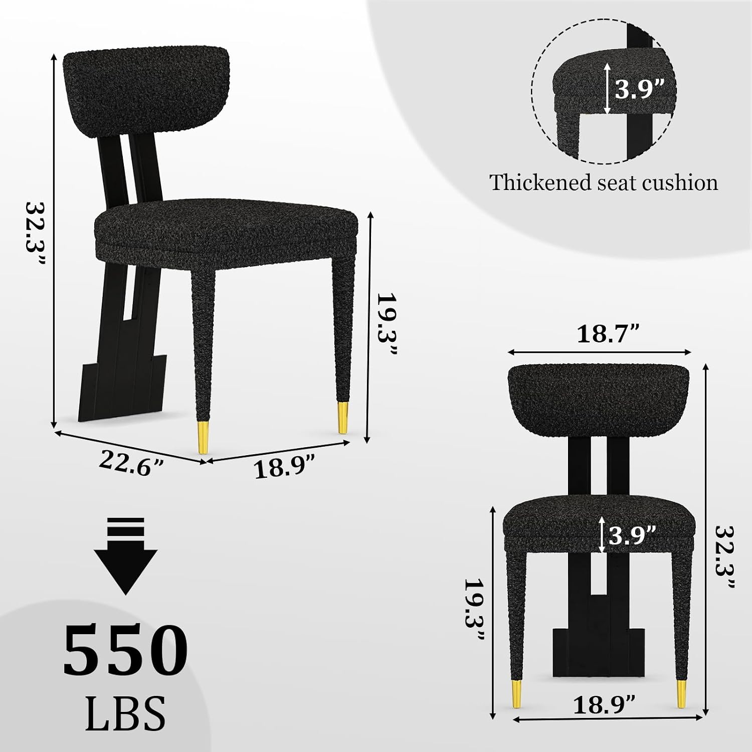 Black and Gold Dining Chairs Set of 4, Mid Century Upholstered Dining Room Chairs with Curved Backrest and Stainless Steel Legs, Luxury Modern Boucle Dining Chairs for Kitchen, Living Room