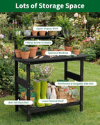 Potting Bench Table with 3-Tier Storage, HIPS Outdoor Gardening Table with 4 Self-Tapping Screws, Heavy Duty All-Weather Planting Bench with Curved Edges for Patio, Backyard, Garden(Black)