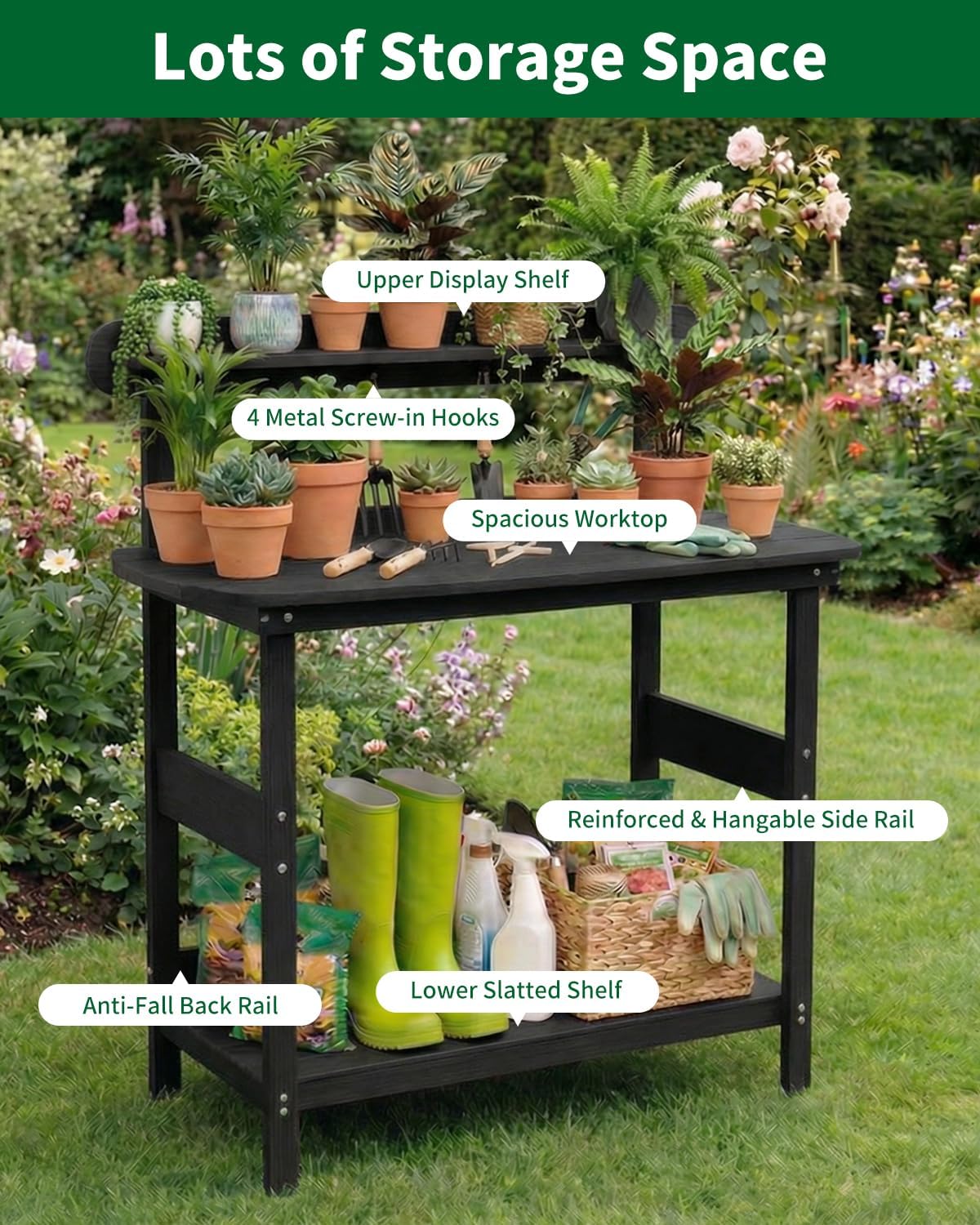 Potting Bench Table with 3-Tier Storage, HIPS Outdoor Gardening Table with 4 Self-Tapping Screws, Heavy Duty All-Weather Planting Bench with Curved Edges for Patio, Backyard, Garden(Black)