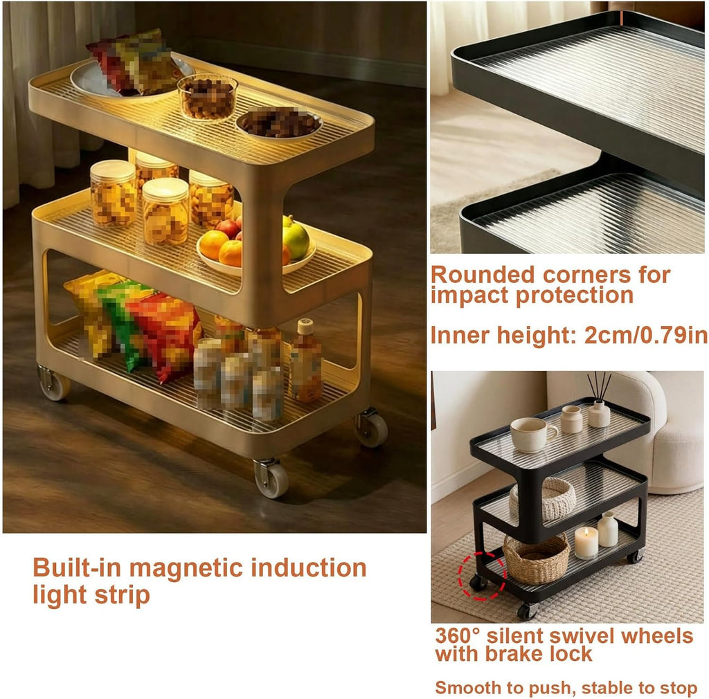 Luxury 3-Tier Slim Storage Cart, Rolling Side Table with Tempered Glass & Lockable Wheels, Mobile End Table for Living Room Bedroom, Space Saving Cream/Black(Black,50cm/19.7in)