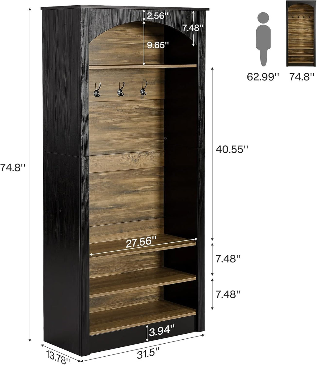Tribesigns 74.8" Hall Tree with Shoe Storage, 3-Tier Narrow Shoe Rack with Coat Rack, Farmhouse Hall Tree with 4 Double Coat Hooks for Entryway, Hallway, Black and Brown