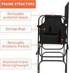 mefeir 30" Tall Directors Chair Black Folding with Side Table Storage Bag,Portable Makeup Artist Bar Height, Aluminum Frame 300 lbs Capacity, 19.2" D x 23.6" W x 45.6" H