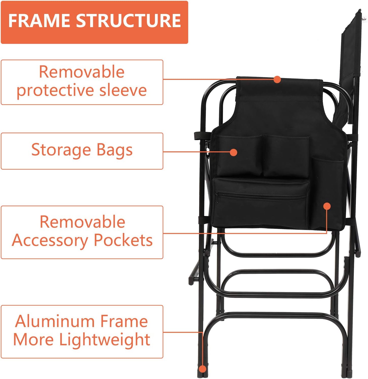 mefeir 30" Tall Directors Chair Black Folding with Side Table Storage Bag,Portable Makeup Artist Bar Height, Aluminum Frame 300 lbs Capacity, 19.2" D x 23.6" W x 45.6" H