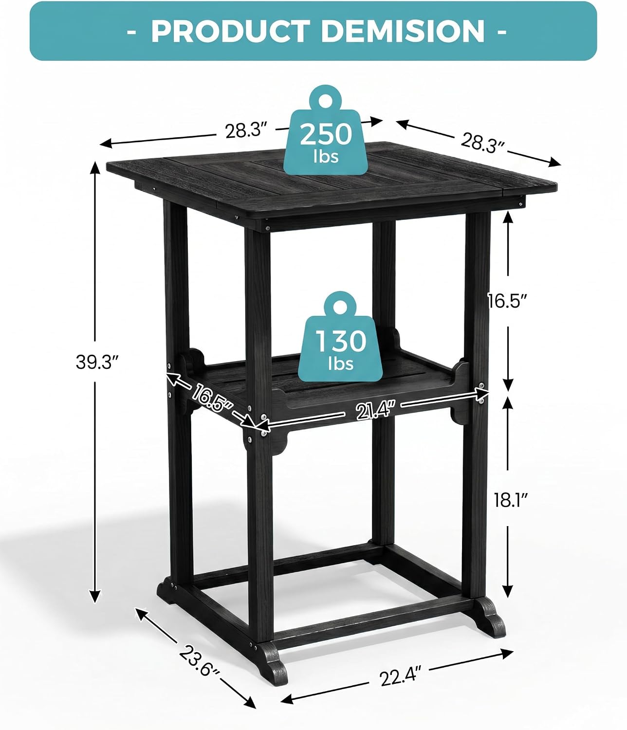 Ciokea 28" Outdoor Bar Table with Storage Shelf, Square High Top Bar Table, Ideal Bar Height Table for Outrdoor Bar, Dining, Balcony, Patio, Garden, Yard, Poolside, Black