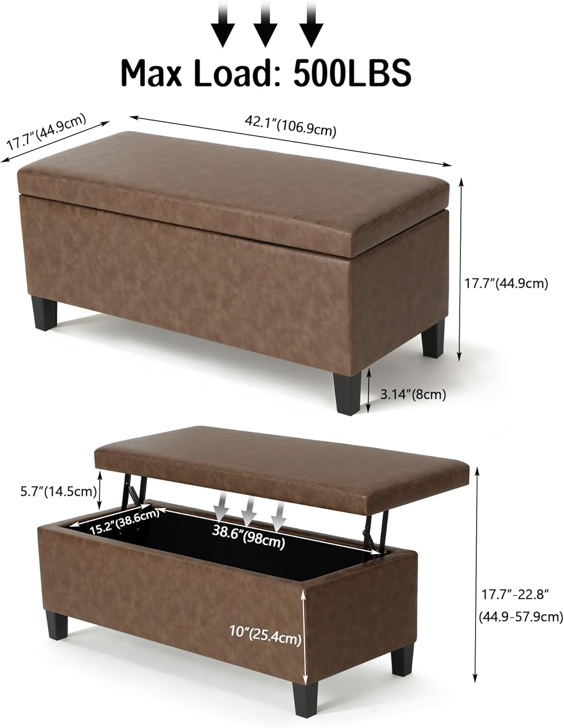 Homebeez 42 inch Lift Top Storage Ottoman Bench, Modern Faux Leather Rectangular Ottoman with Storage for Living Room, Bedroom, Entryway, Tan