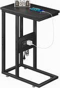 VECELO C Shaped End Table with Charging Station & Power Outlets, Quick Access Side Table for Sofa, C Bedside for Living Room Bedroom 1 Set,Black