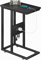 VECELO C Shaped End Table with Charging Station & Power Outlets, Quick Access Side Table for Sofa, C Bedside for Living Room Bedroom 1 Set,Black