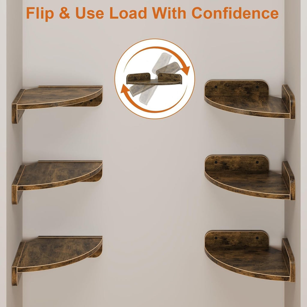 YAOHUOO Corner Shelf Wall Mounted with Light, Set of 3 Corner Floating Shelves with Cord Hole for Cable Box, Round End Wall Mounted Floating Shelf for Bedroom, Living Room and Kitchen, Rustic Brown