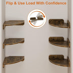 YAOHUOO Corner Shelf Wall Mounted with Light, Set of 3 Corner Floating Shelves with Cord Hole for Cable Box, Round End Wall Mounted Floating Shelf for Bedroom, Living Room and Kitchen, Rustic Brown