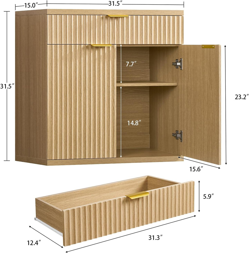TEENFON 31.5" W Fluted Buffet Cabinet with Storage, Sideboard Cabinet, Coffee Bar Cabinet with 2 Doors and Adjustable Shelf for Living Room, Kitchen, Entryway, Natural