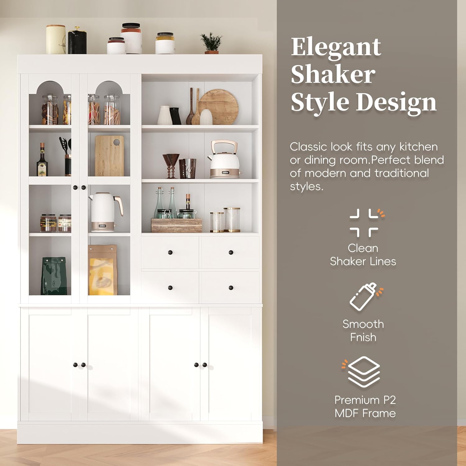 47" Tall Storage Cabinet Pantry Cabinet:with Pull-Out Trays for Kitchen | 47"Tall Storage Cabinet:With Doors and Shelves,Kitchen Pantry Cabinet With Hutch,4 Drawers,Pantry Storage With Pull-out Trays