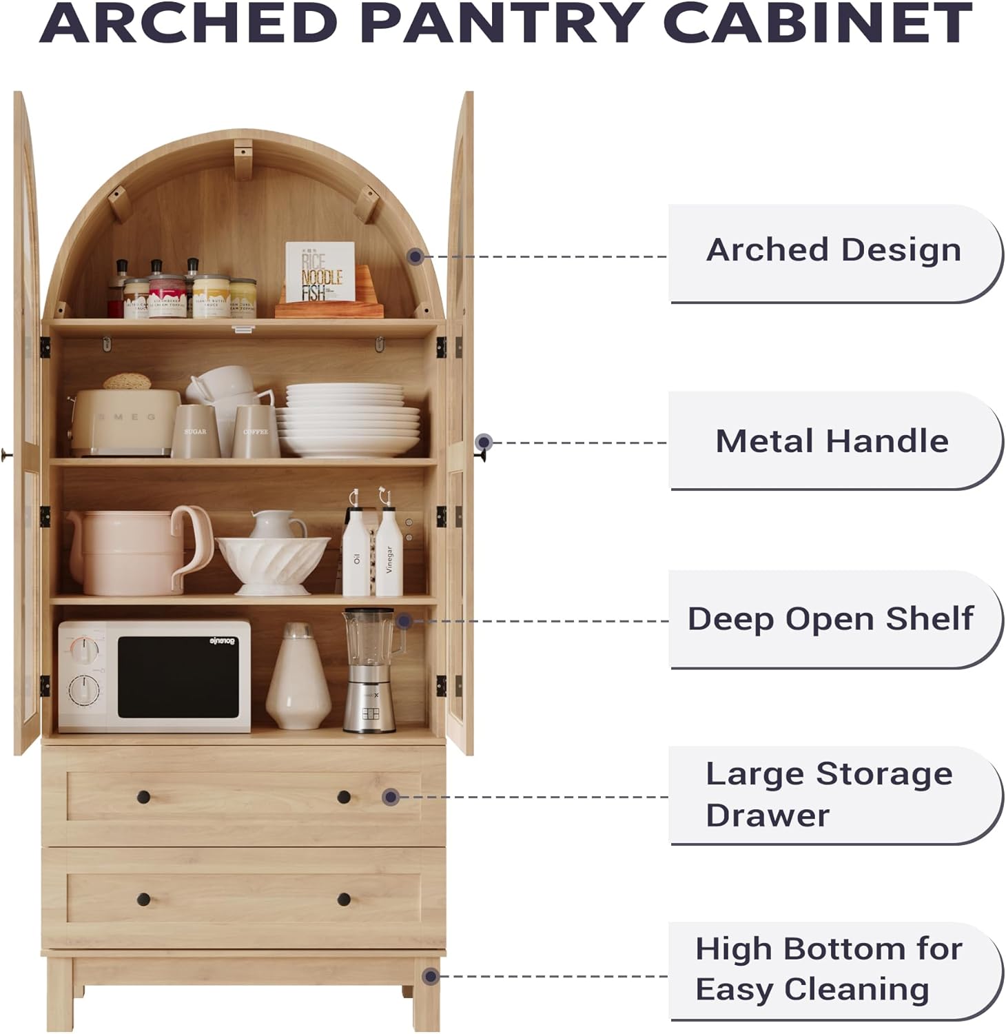 Furnify 71" Tall Arched Kitchen Pantry, Wood Pantry Cabinet with 2 Large Drawers and Glass Doors, Modern Farmhouse Versatile Cupboard for Kitchen, Dining Room, Living Room, Natrual