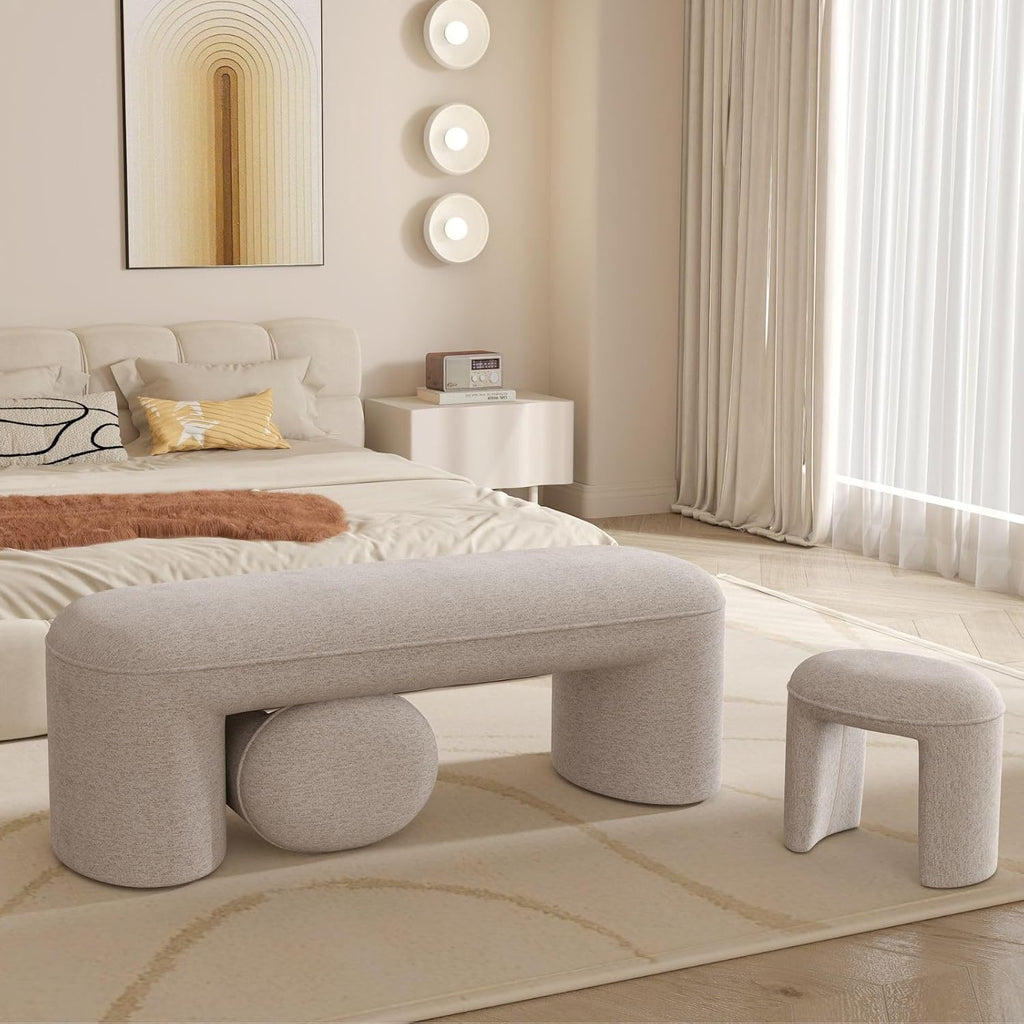 53" Upholstered End of Bed Bench with 2 Nesting Ottoman Stools, Modern Chenille Bedroom Bench for King/Queen Bed, Arched Vanity Entryway Bench Seat for Living Room, Oatmeal