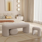 53" Upholstered End of Bed Bench with 2 Nesting Ottoman Stools, Modern Chenille Bedroom Bench for King/Queen Bed, Arched Vanity Entryway Bench Seat for Living Room, Oatmeal