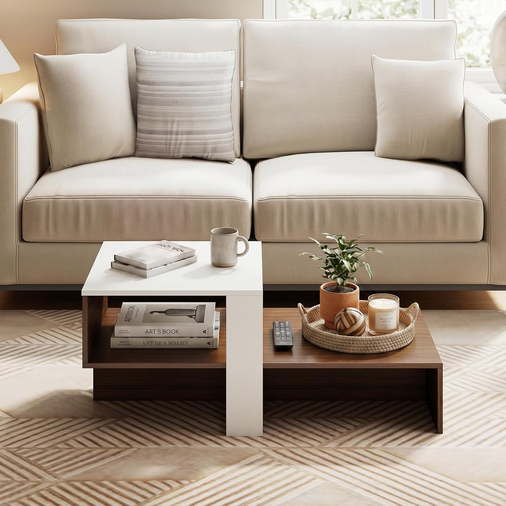 Giantex Small Coffee Table with Storage, 31.5" Wood Unique Center Table with 2-Tier Shelf, Low Accent Cocktail Tea Table, Mid Century Modern Coffee Table for Living Room, Small Spaces, Walnut & White