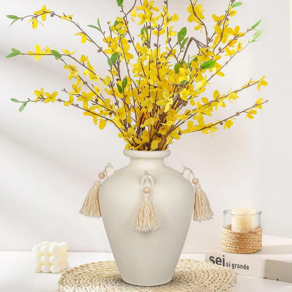 Large Decorative Ceramic Vase with Tassels, 9.4" White Boho Flower Vase with Handles, Textured Rustic Farmhouse Vases for Home Decor, Table Centerpiece, Living Room, Entryway, Wedding, Party Decor