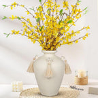 Large Decorative Ceramic Vase with Tassels, 9.4" White Boho Flower Vase with Handles, Textured Rustic Farmhouse Vases for Home Decor, Table Centerpiece, Living Room, Entryway, Wedding, Party Decor