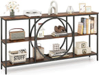 Giantex Narrow Long Console Table, 3-Tier Entryway Table with Faux Wood Grain Top&Heavy-Duty Metal Frame, Mid-Century Accent Sofa Tables with Open Storage Shelves for Living Room, Hallway(Brown+Black)