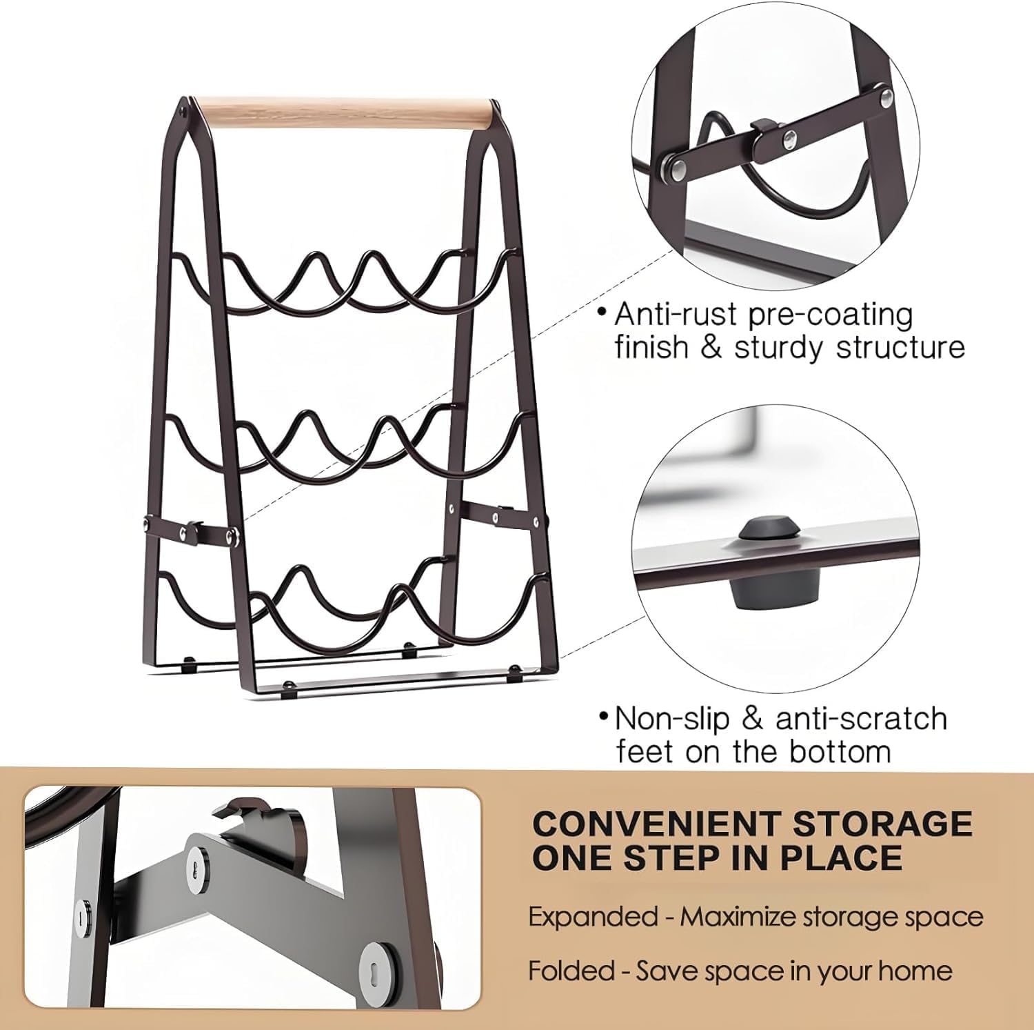 Wine Rack, 6-Bottle Foldable Wine Racks Countertop with Wooden Handle, 3-Tier No Assembly Wine Bottle Holder for Home Bar, Kitchen, Wine Cellar Storage (Black)