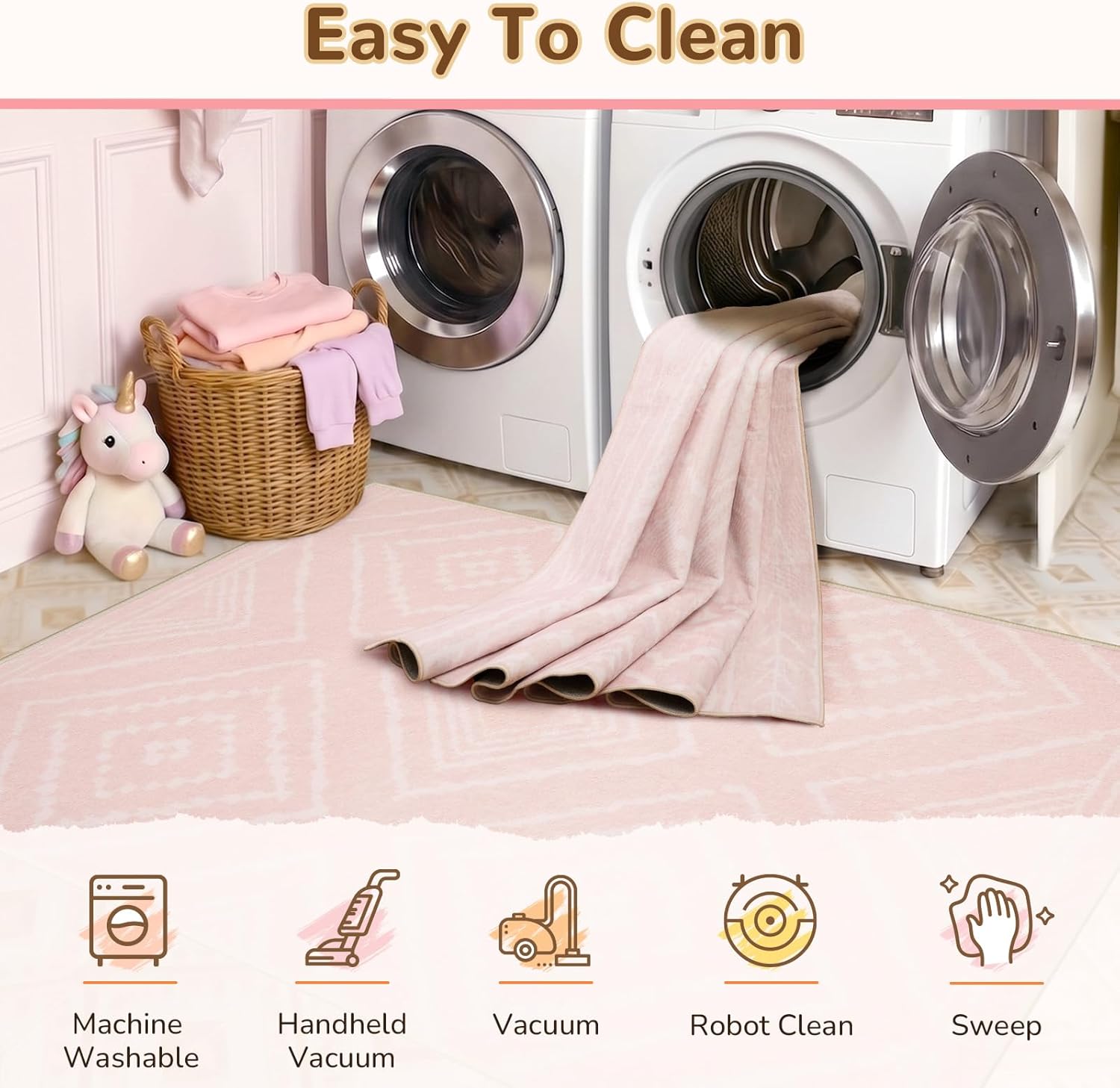 BESTSWEETIE Area Rug 5x7 Rug Machine Washable Non-Slip Low Pile Print Pattern Western Rug for Living Room Bedroom Entryway Tribal Series -Light Pink/Cream