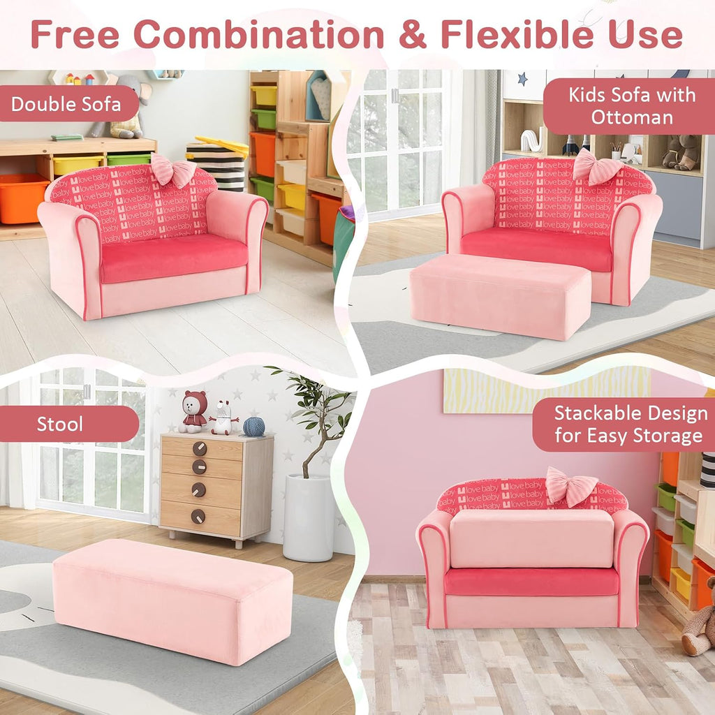 HONEY JOY Pink Toddler Couch, Comfy Chair w/Ottoman, Cute Bow, Lightweight Playroom Furniture w/Velvet Cover & Wooden Frame, Princess Style Loveseat for Bedroom, Kids Sofa for Girls Boys