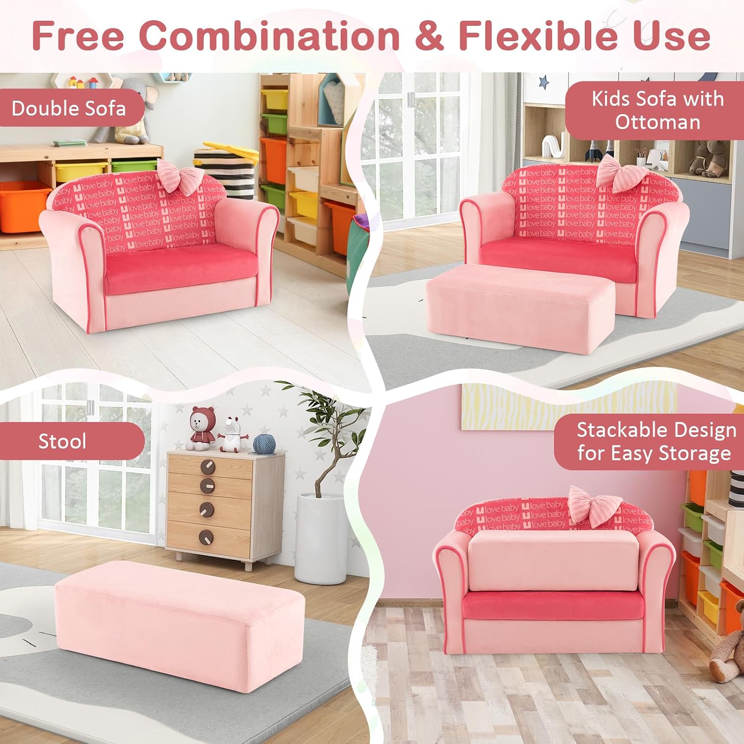 HONEY JOY Pink Toddler Couch, Comfy Chair w/Ottoman, Cute Bow, Lightweight Playroom Furniture w/Velvet Cover & Wooden Frame, Princess Style Loveseat for Bedroom, Kids Sofa for Girls Boys